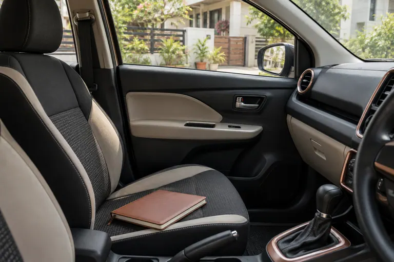 Buku tertutup pada tempat duduk penumpang kereta yang diparkir