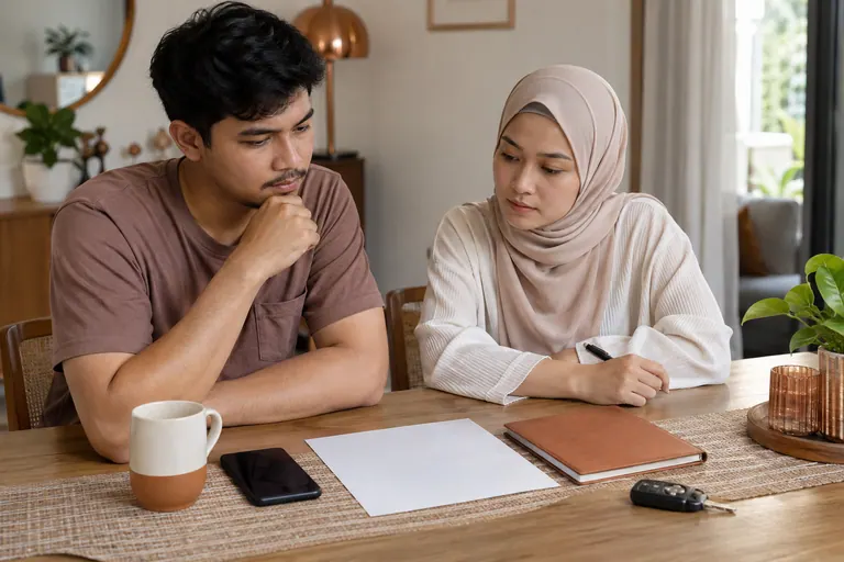 Dua pelanggan berbincang di rumah dengan kertas kosong dan buku tertutup