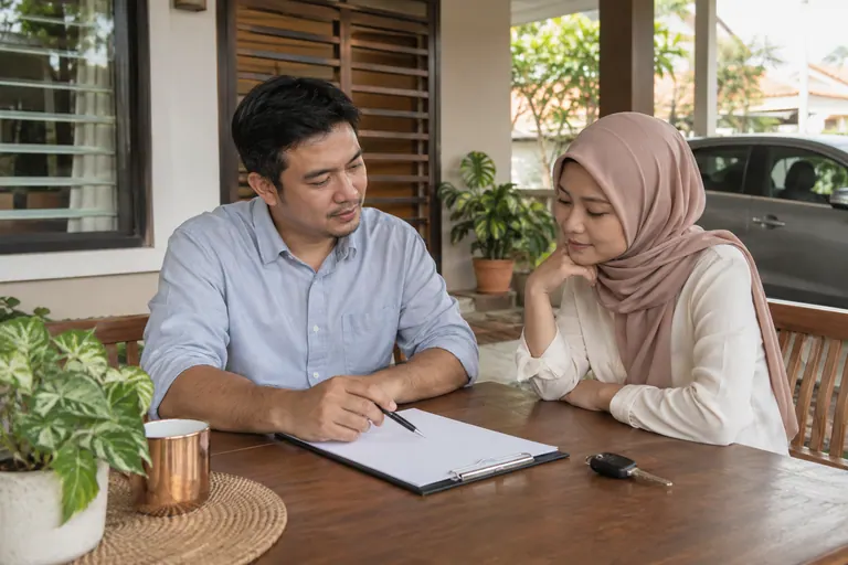 Dua pelanggan membincangkan kunci dan catatan di meja beranda