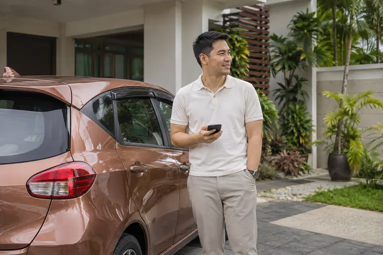 Pelanggan berbaju polo dengan telefon di sebelah kereta yang diparkir