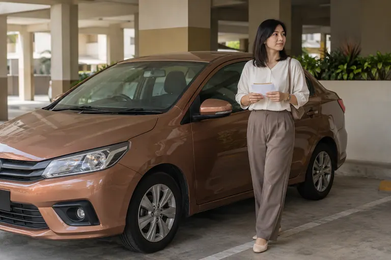 Customer in a blouse with blank notes in residential parking