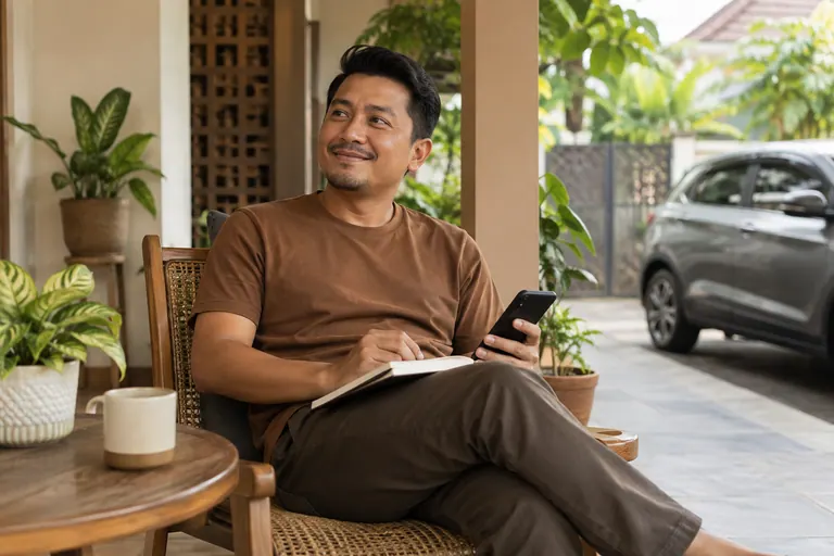 Pelanggan membuat pertanyaan telefon di beranda dengan catatan kosong