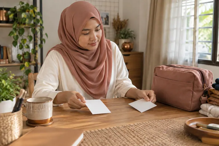 Pelanggan menyusun dua kertas kosong di sebelah beg kecil